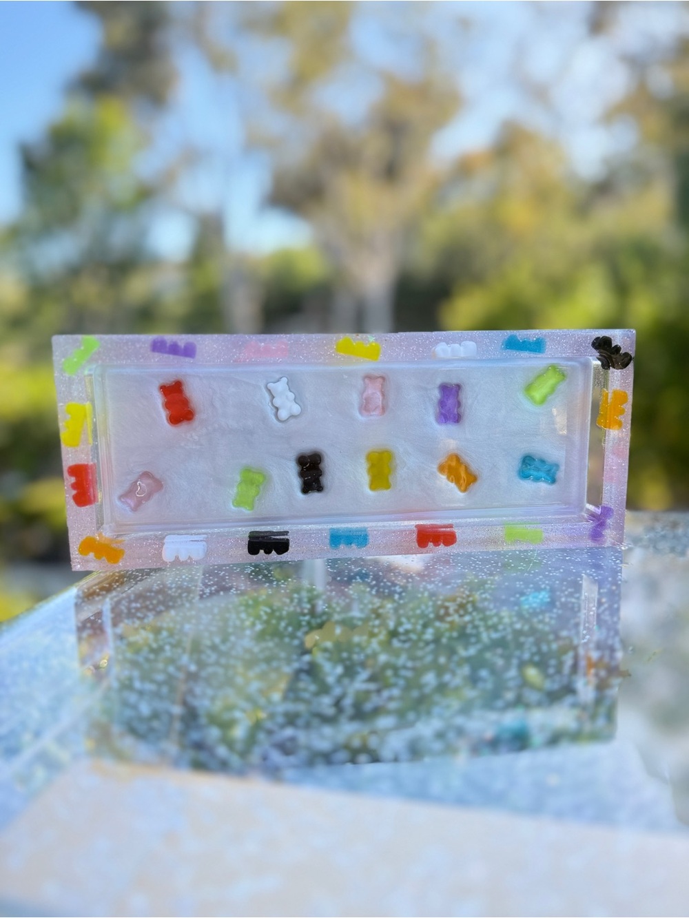 Handmade Clear Resin Tray with Multicolor Gummy Bear Accents